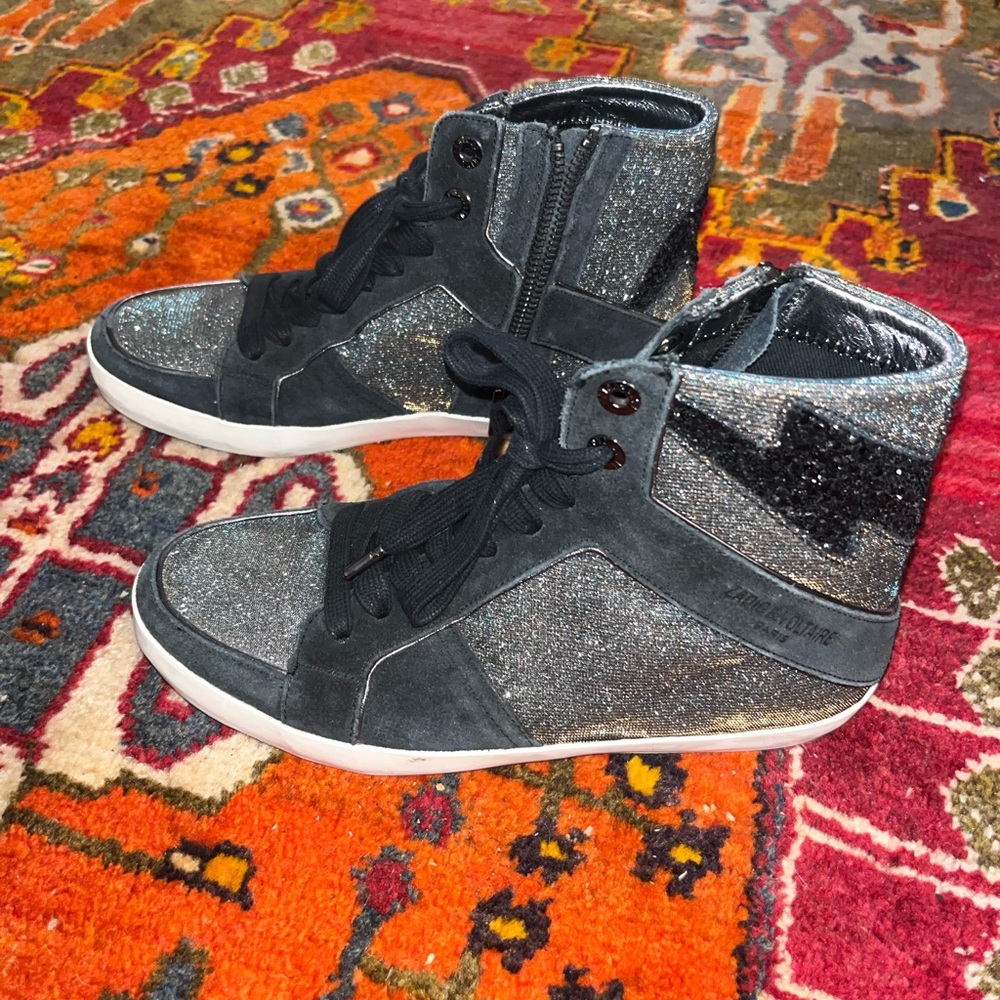 Zadig & Voltaire Black and Silver Glitter Sneakers - Picture 3 of 11
